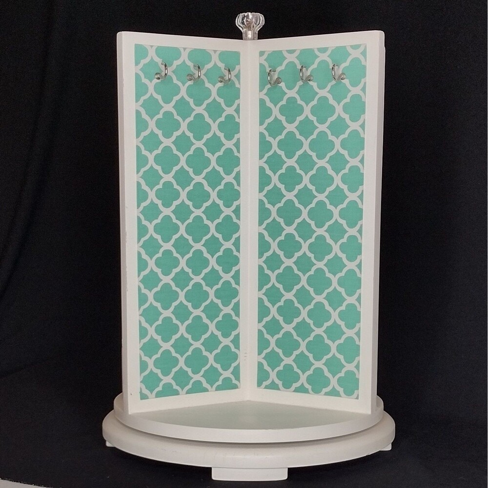 Pottery Barn Teen Rotating Spinning 3-sided White Teal Jewelry Organizer Box